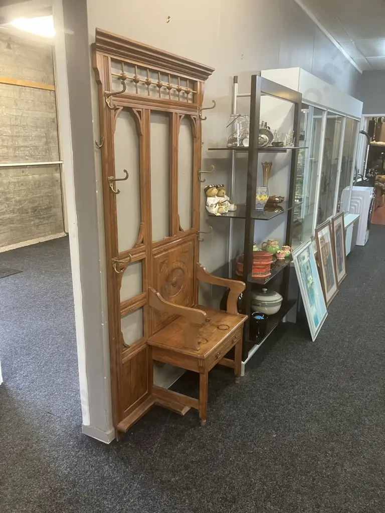 Antique Hallstand, Single Drawer, Carved detail, Brass Coat Hooks. H191 W103 D38cm (As Found) Image 1++