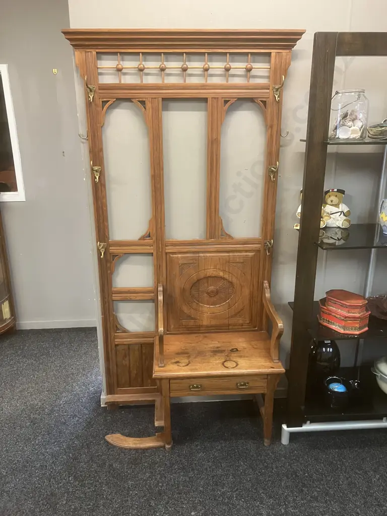 Antique Hallstand, Single Drawer, Carved detail, Brass Coat Hooks. H191 W103 D38cm (As Found) Image 1++