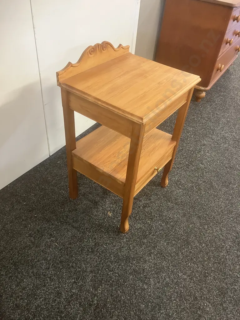 Wooden Side Table / Bedside With Carved Back Piece, Single Drawer At Base With Brass Handle. H68.5 W42 D35.5cm Image 1++