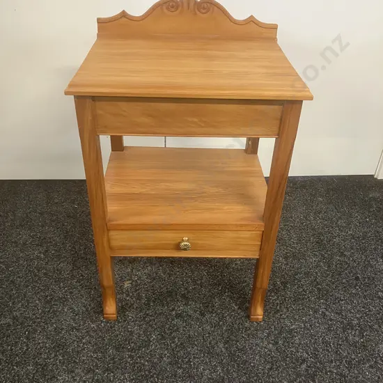 Wooden Side Table / Bedside With Carved Back Piece, Single Drawer At Base With Brass Handle. H68.5 W42 D35.5cm