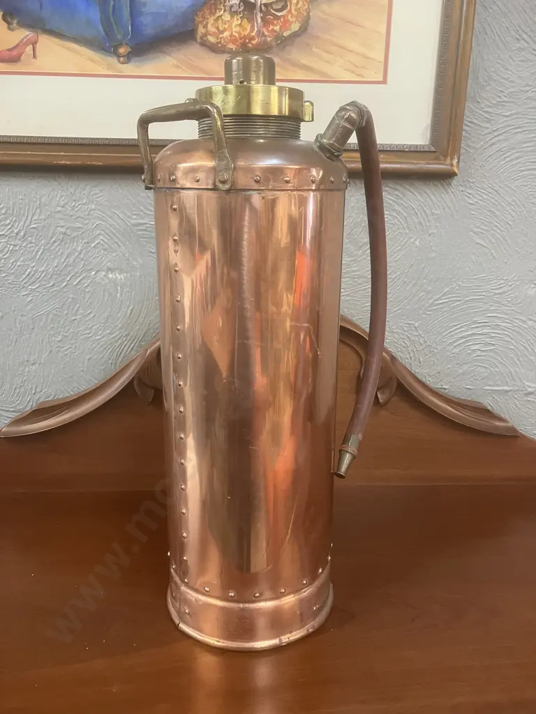 Antique Riveted Copper Fire Extinguisher Cylinder With Brass Fittings. H54cm Image 1++