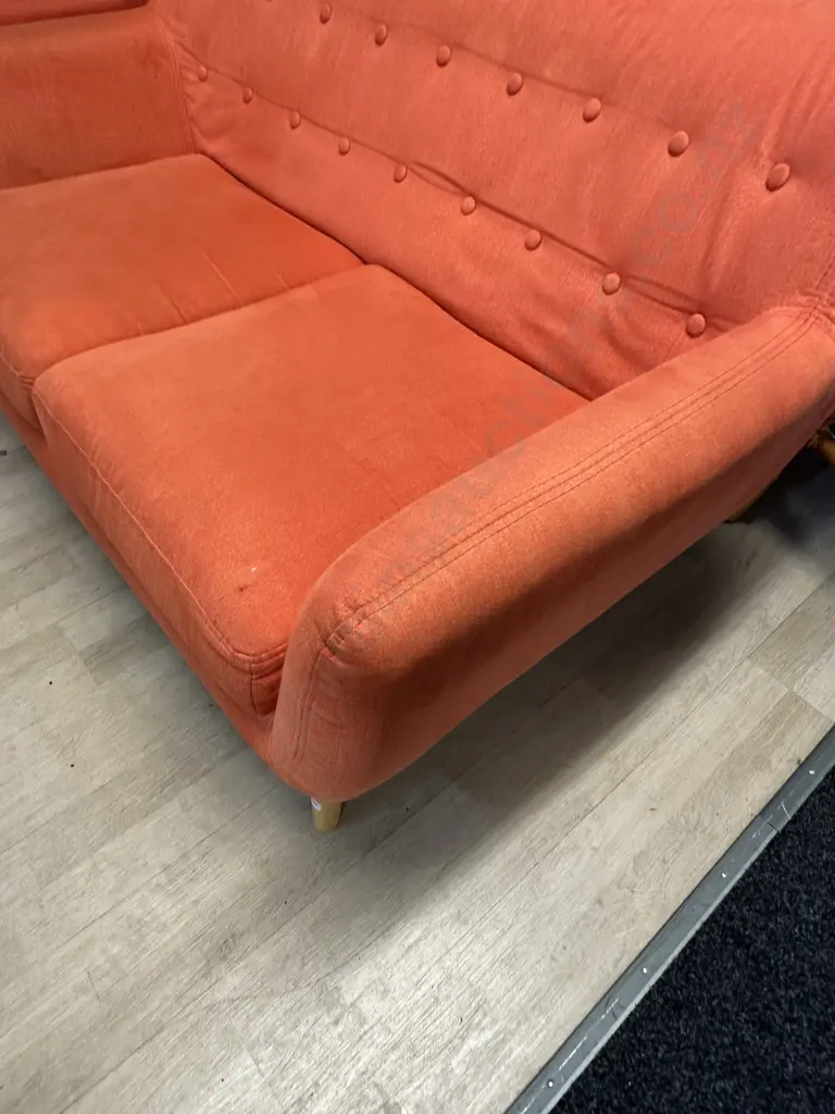 Orange Button Back Fabric 2 Seater Sofa With Naked Wooden Legs Image 1++
