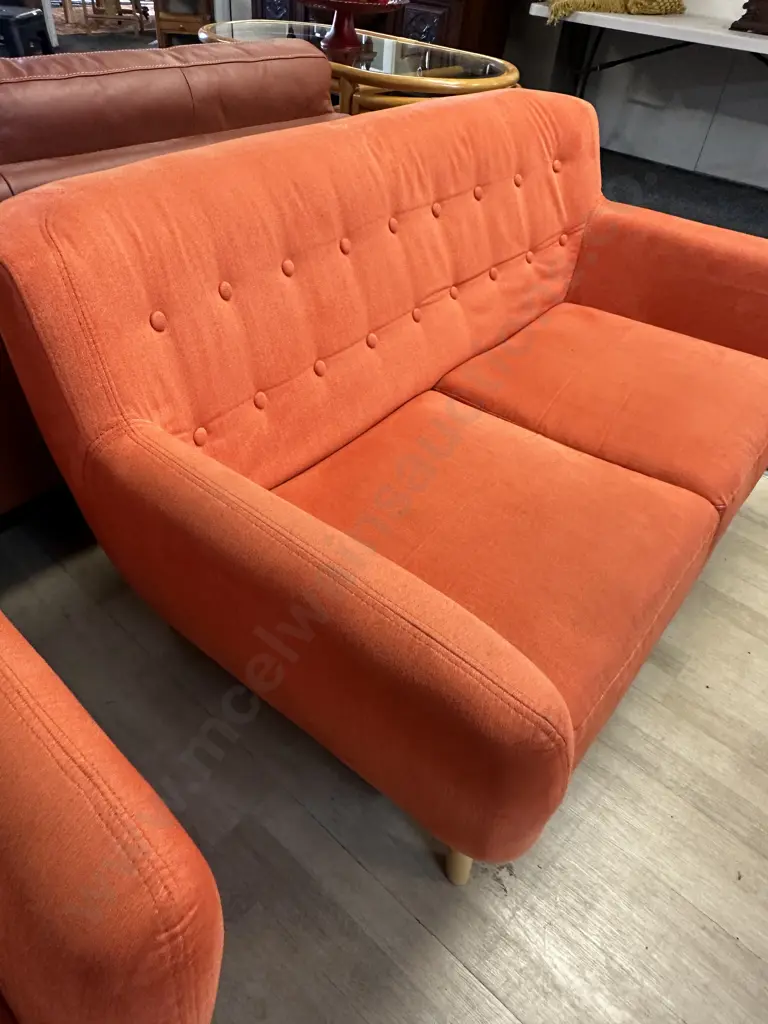 Orange Button Back Fabric 2 Seater Sofa With Naked Wooden Legs Image 1++