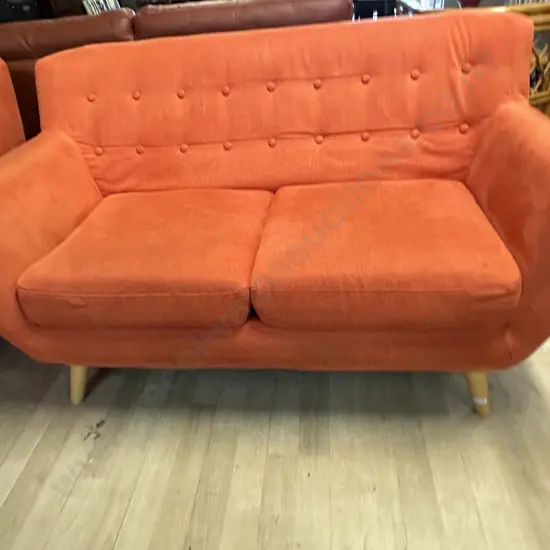Orange Button Back Fabric 2 Seater Sofa With Naked Wooden Legs