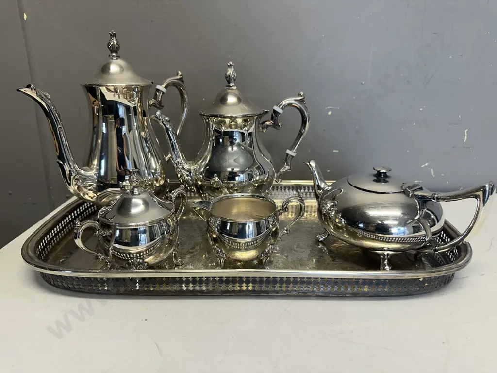Ornate Silver Plated Items On Serving Tray Image 1++