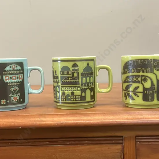 Rare 1976 Hornsea Pottery Mugs - John Clappison City Scape, Jack Dadd Toucan Jungle, Sara Vardy Hot Air Balloon
