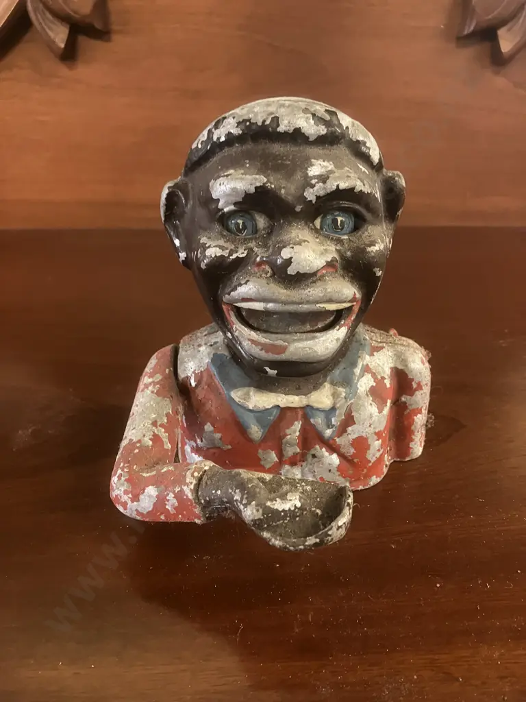 Vintage Painted Cast Aluminum Mechanical Money Bank With Original Base Plate. H15cm Image 1++