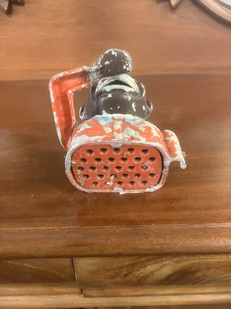 Vintage Painted Cast Aluminum Mechanical Money Bank With Original Base Plate. H15cm Image 1++