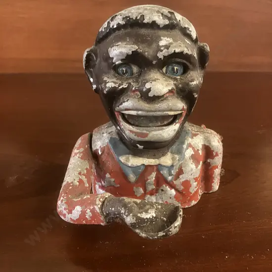 Vintage Painted Cast Aluminum Mechanical Money Bank With Original Base Plate. H15cm