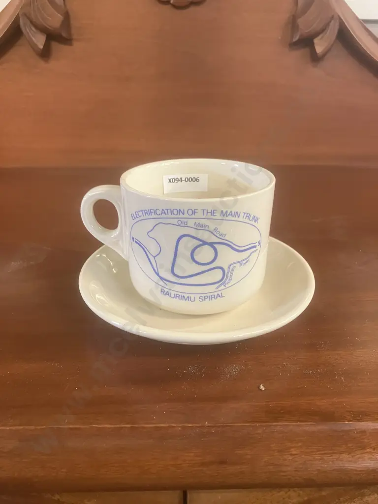 Collectable New Zealand Railways Commemorative Raurimu Spiral Electrification Cup & Saucer, 1986 Crown Lynn Potteries Image 1++