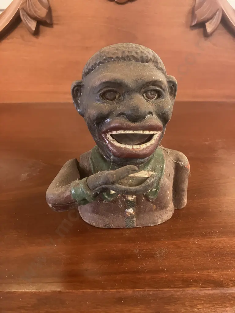 Antique Painted Cast Iron Mechanical Money Bank With Original Base Plate. H15cm Image 1++