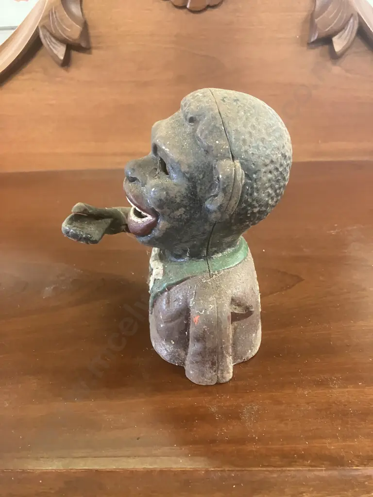 Antique Painted Cast Iron Mechanical Money Bank With Original Base Plate. H15cm Image 1++