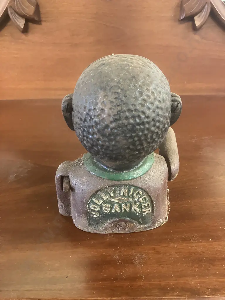 Antique Painted Cast Iron Mechanical Money Bank With Original Base Plate. H15cm Image 1++