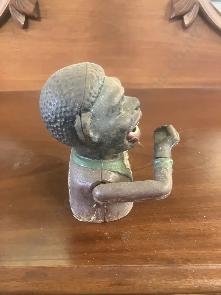 Antique Painted Cast Iron Mechanical Money Bank With Original Base Plate. H15cm Image 1++