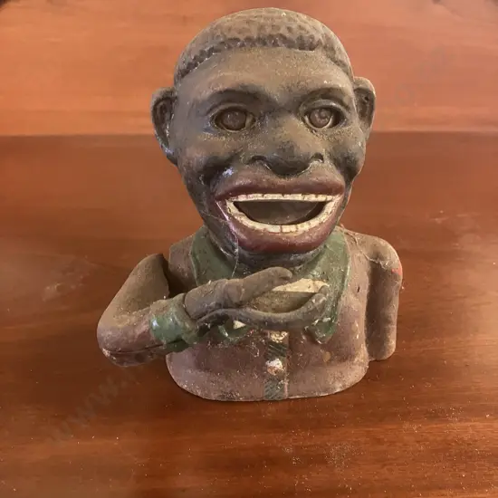 Antique Painted Cast Iron Mechanical Money Bank With Original Base Plate. H15cm