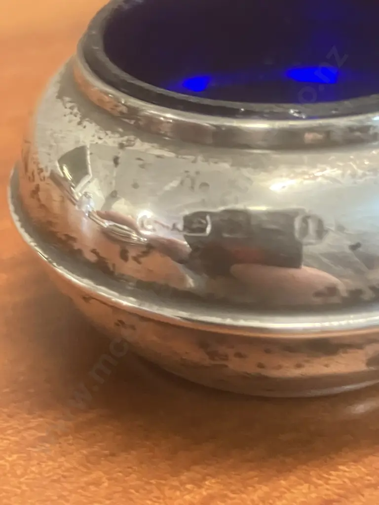 Pair of Sterling Silver & Cobalt Blue Glass Salt Containers - Hallmarked Image 1++