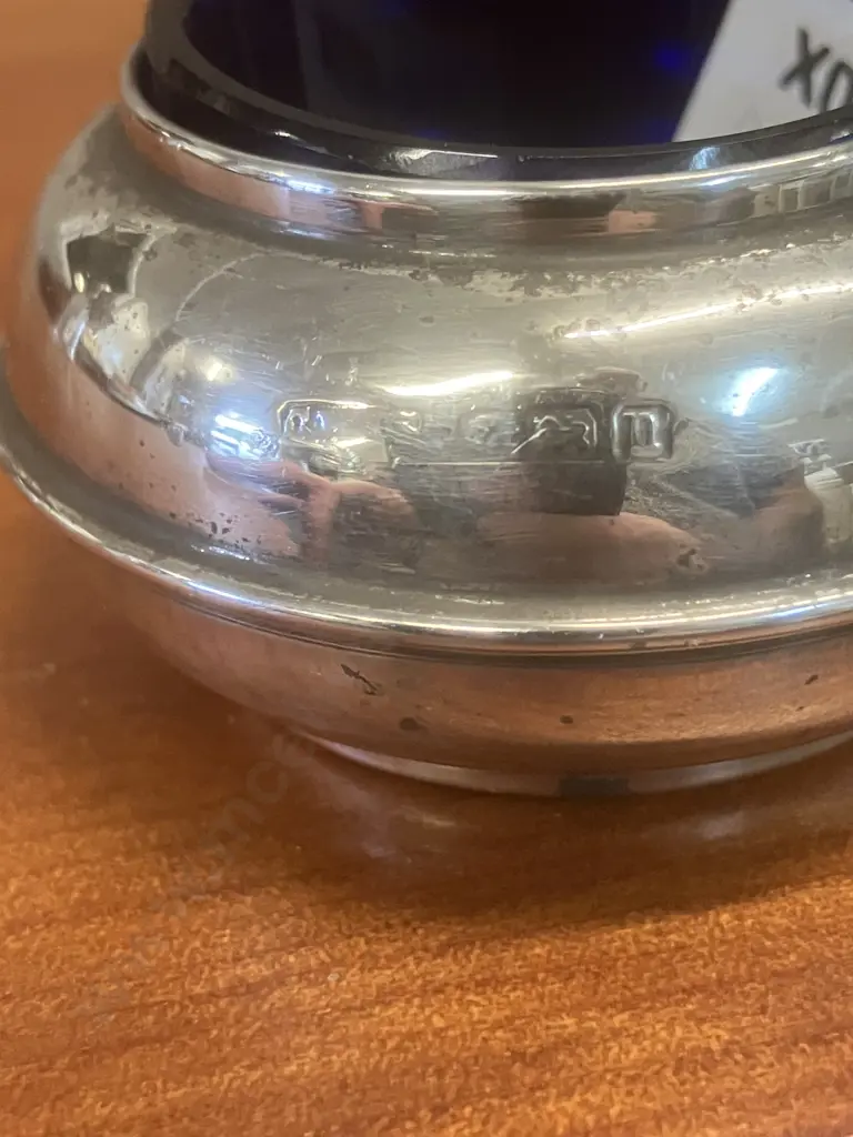 Pair of Sterling Silver & Cobalt Blue Glass Salt Containers - Hallmarked Image 1++