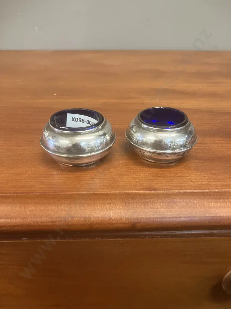 Pair of Sterling Silver & Cobalt Blue Glass Salt Containers - Hallmarked Image 1++