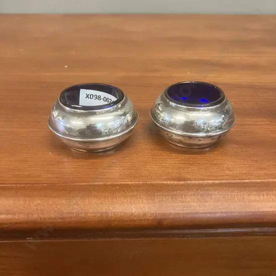 Pair of Sterling Silver & Cobalt Blue Glass Salt Containers - Hallmarked