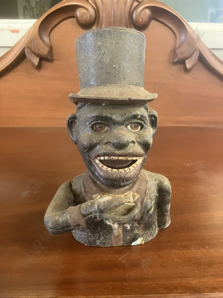 Antique Painted Cast Iron Mechanical Money Bank With Original Base Plate. H21cm Image 1++