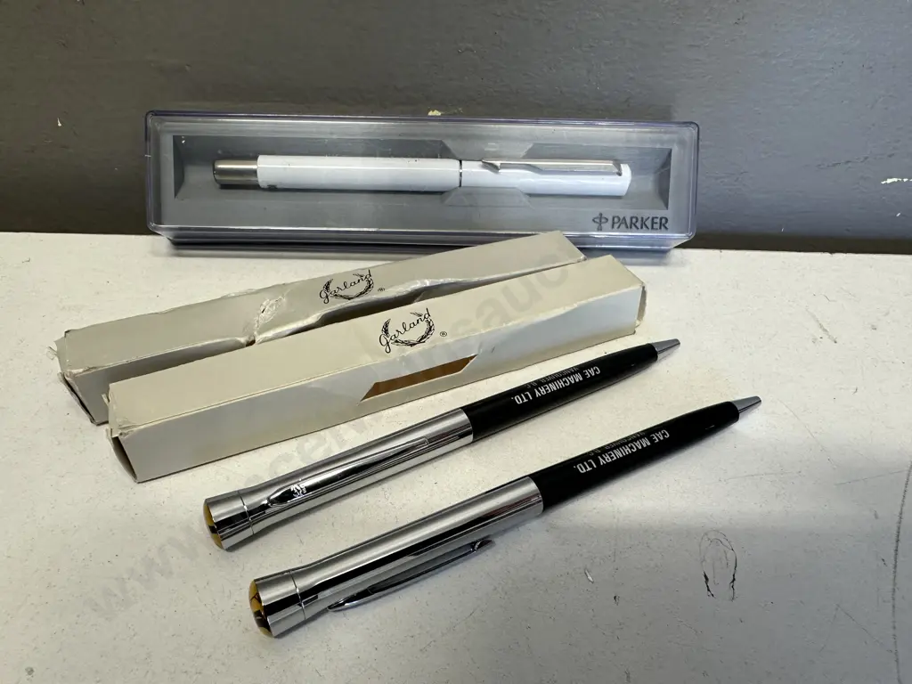 Pair of Garland Heirloom (USA) Ballpoint Pens - CAE Machinery Ltd Vancouver B.C With CAE Logo Silver & Black Image 1++
