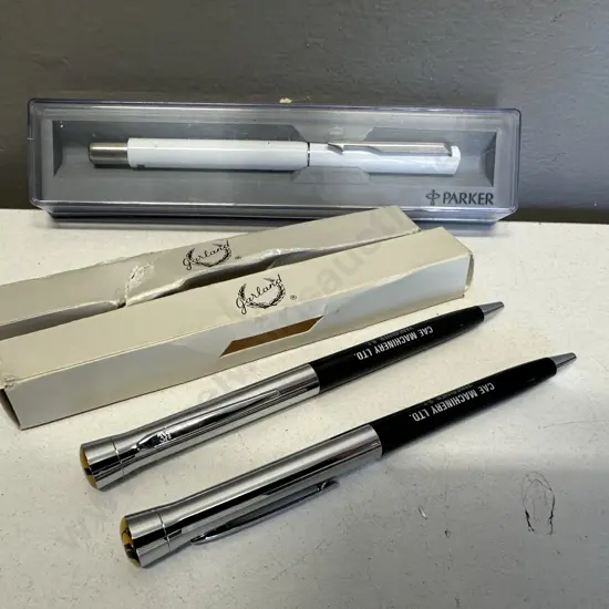 Pair of Garland Heirloom (USA) Ballpoint Pens - CAE Machinery Ltd Vancouver B.C With CAE Logo Silver & Black