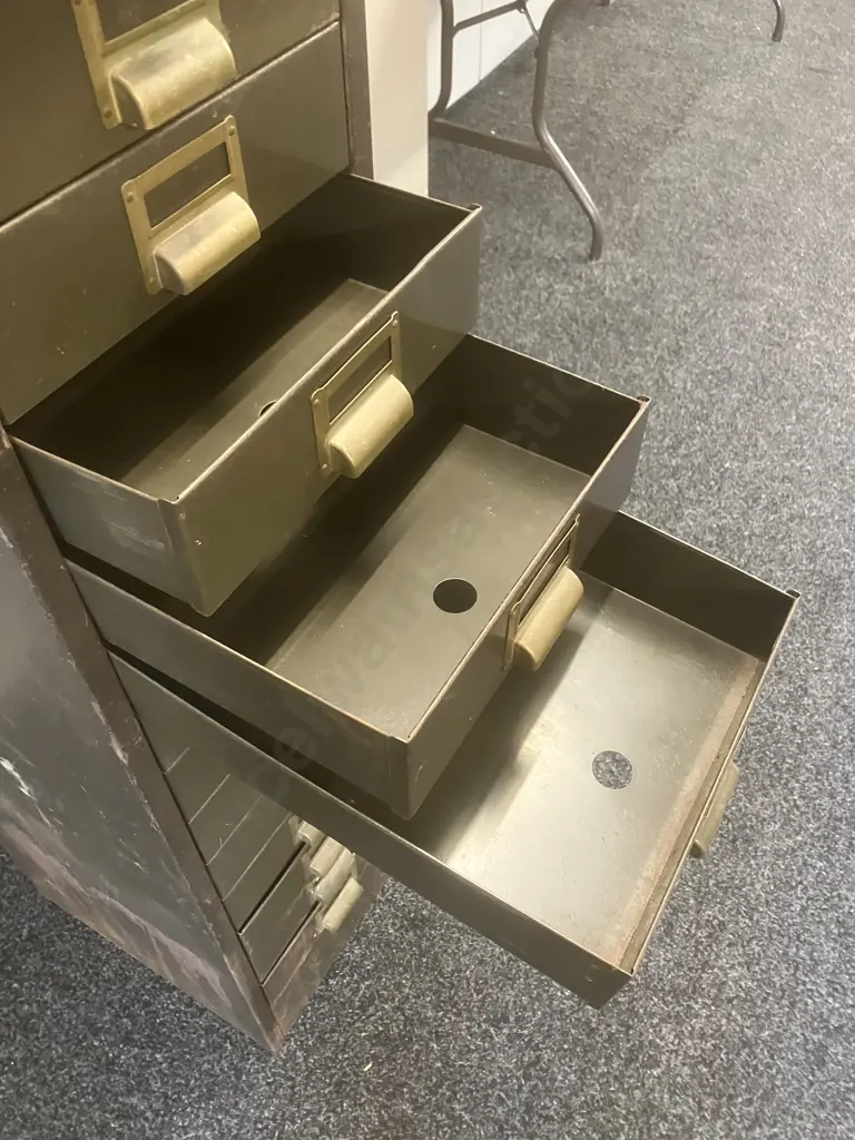 Steelcase Engineering Limited Metal 15 Drawer Unit, Brass Drawer Pull & Card Holders. H133 W30 D40cm Image 1++