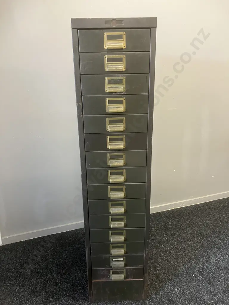 Steelcase Engineering Limited Metal 15 Drawer Unit, Brass Drawer Pull & Card Holders. H133 W30 D40cm Image 1++