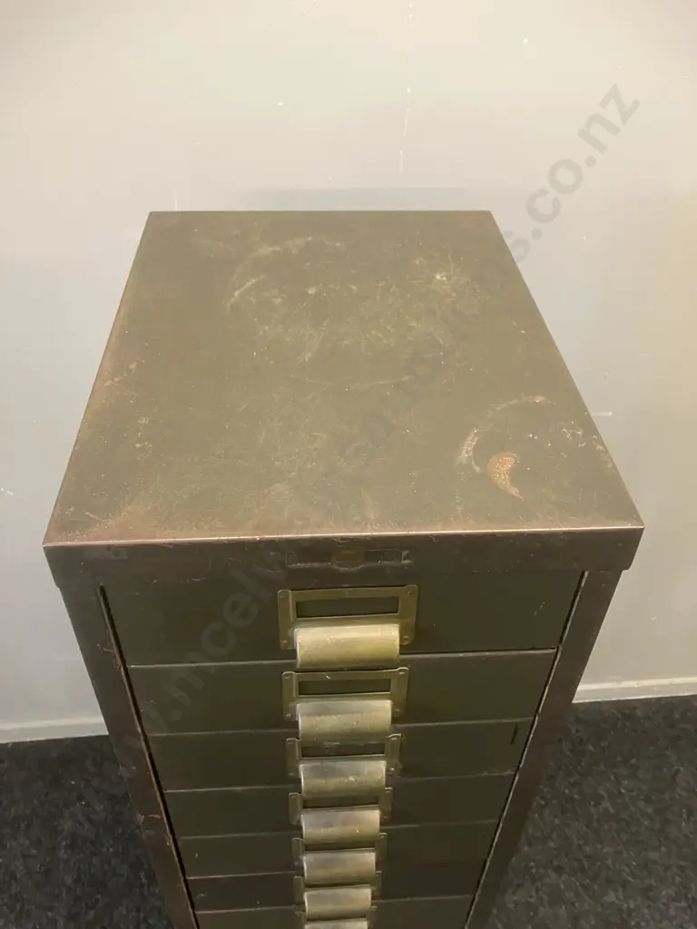 Steelcase Engineering Limited Metal 15 Drawer Unit, Brass Drawer Pull & Card Holders. H133 W30 D40cm Image 1++