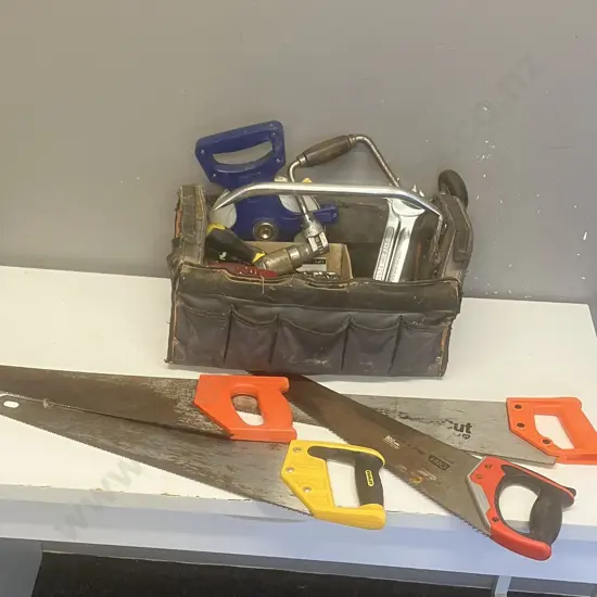 Toolbag, Tools, 50 Meter Tape, Brace & Bit Etc With 4 Hand Saws
