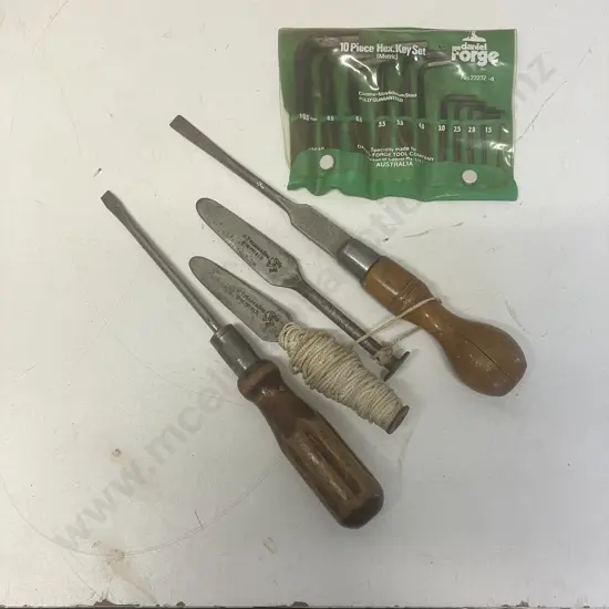 12" Vintage Millers Falls No 63 Ratchet Screwdriver, Daniel Forge Hex Key Set No22232-4 In Pouch