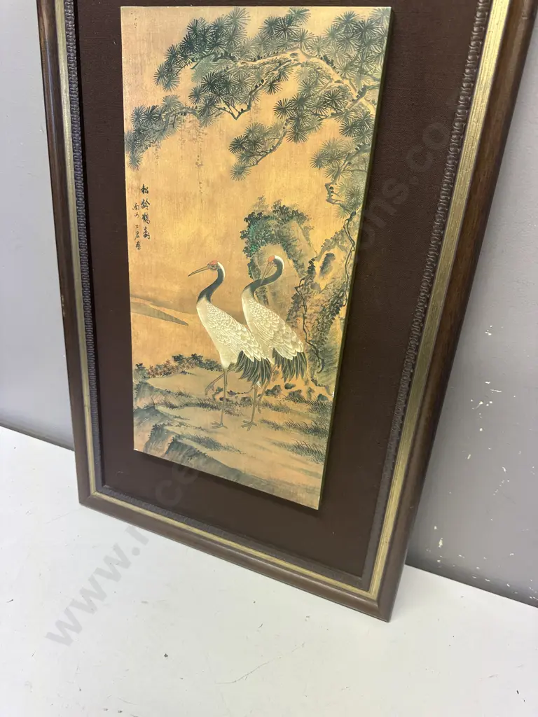 Vintage Framed Artwork Oriental Panel Two Cranes 69x44cm. Image 1++