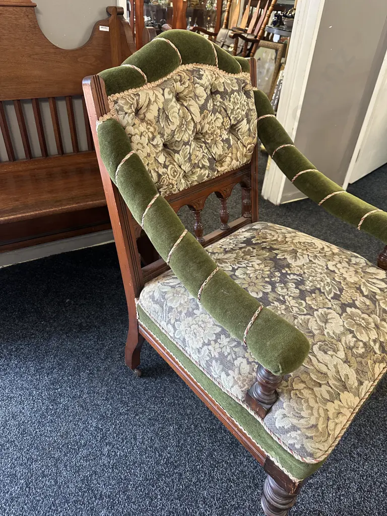Mahogany Framed Library Chair Green Velvet Upholstery & Floral Patterned Tapestry Fabric, Button Back On Castors Image 1++
