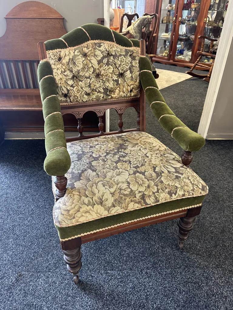 Mahogany Framed Library Chair Green Velvet Upholstery & Floral Patterned Tapestry Fabric, Button Back On Castors Image 1++