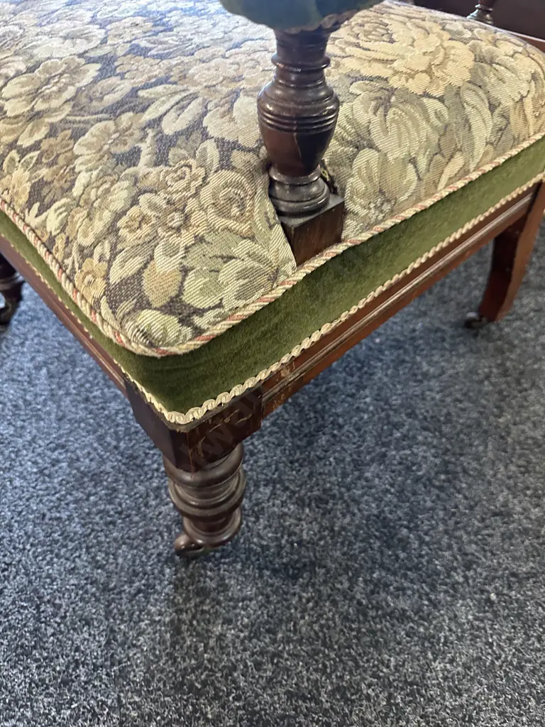 Mahogany Framed Library Chair Green Velvet Upholstery & Floral Patterned Tapestry Fabric, Button Back On Castors Image 1++