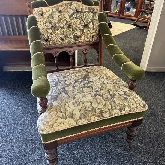 Mahogany Framed Library Chair Green Velvet Upholstery & Floral Patterned Tapestry Fabric, Button Back On Castors