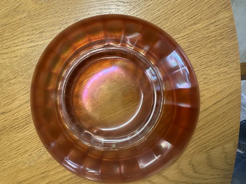 Vintage Marigold Carnival Glass Bowl, Rolled Rim, Iridescent Ribbed Design H6,Dia21cm. Image 1++