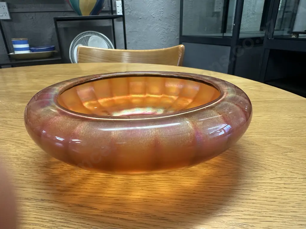 Vintage Marigold Carnival Glass Bowl, Rolled Rim, Iridescent Ribbed Design H6,Dia21cm. Image 1++