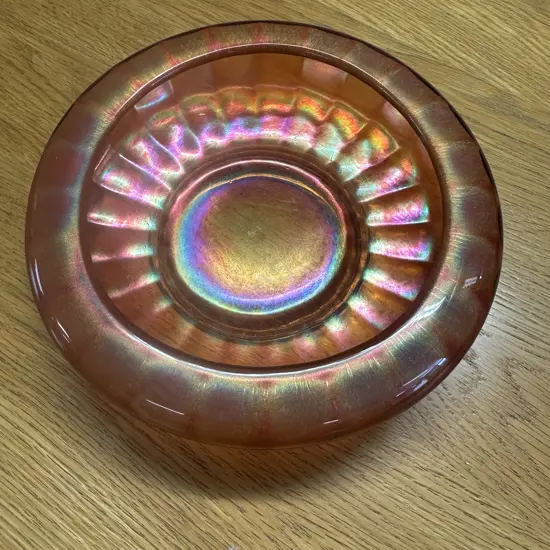 Vintage Marigold Carnival Glass Bowl, Rolled Rim, Iridescent Ribbed Design H6,Dia21cm.