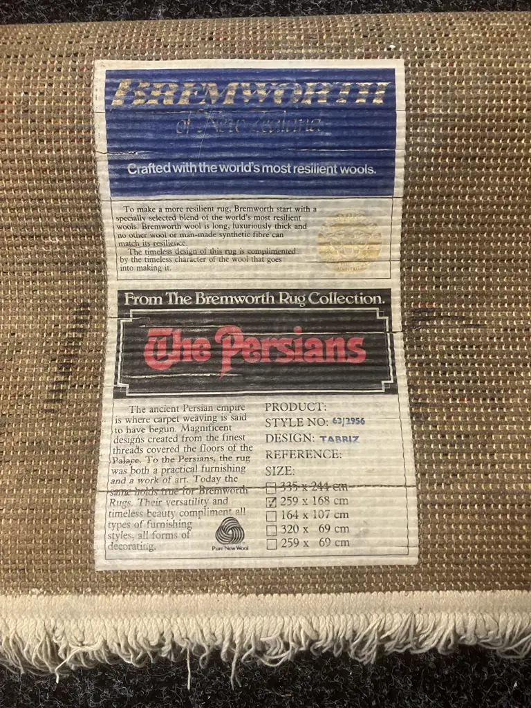 Bremworth New Zealand "The Persians" Tabriz Design Floor Rug - 259 x 168cm Image 1++