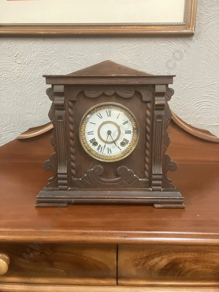 Antique Ansonia New York Wood Cased Eight Day Mantle Clock Patent Stamp June 18. 1882, Has Pendulum, No Key. 40 x 60cm Image 1++