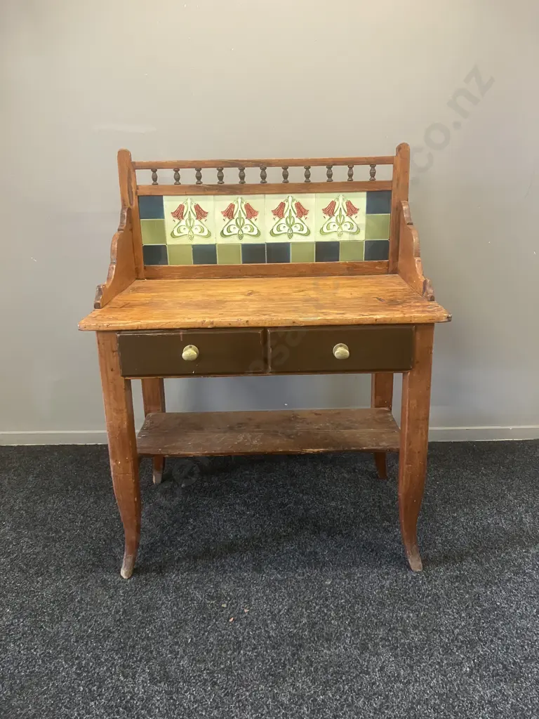 Victorian Pine Washstand, Art Nouveau Style Tiles, 2 Drawers. H111 W87 D54cm Image 1++