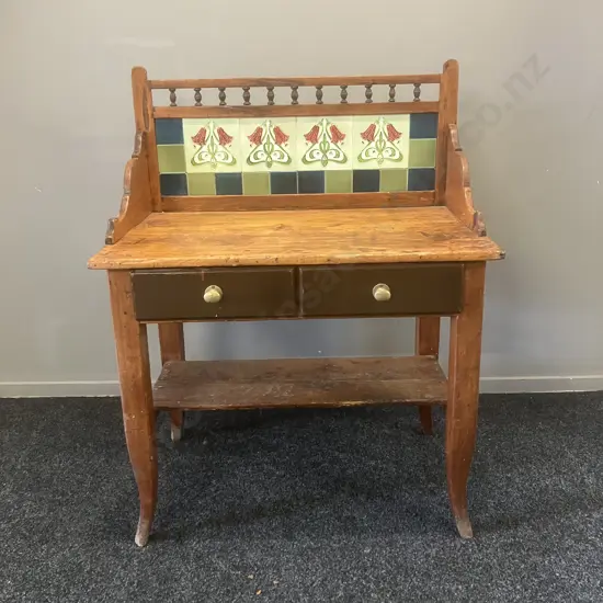 Victorian Pine Washstand, Art Nouveau Style Tiles, 2 Drawers. H111 W87 D54cm