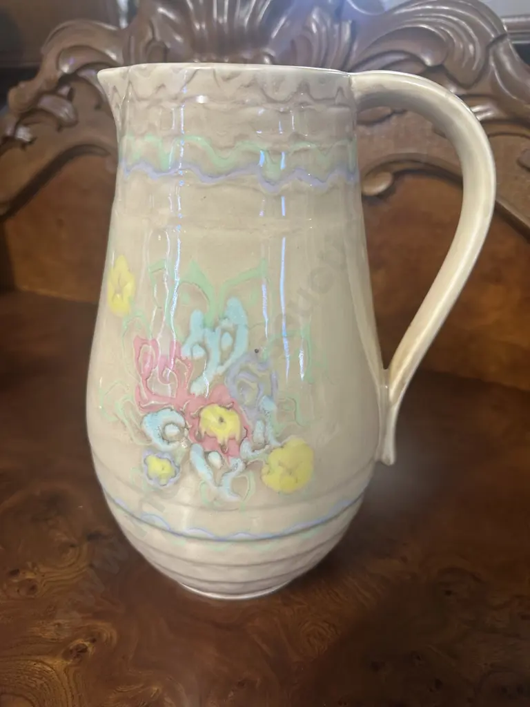English Decorative Ceramic Pitcher Pastel Floral Wavy Line Patterns #355 Image 1++