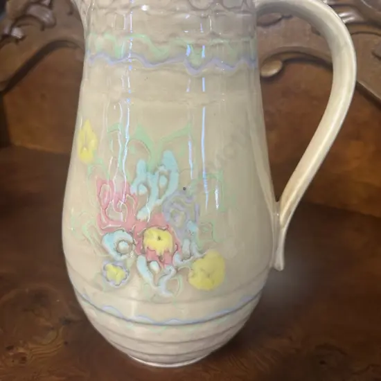 English Decorative Ceramic Pitcher Pastel Floral Wavy Line Patterns #355