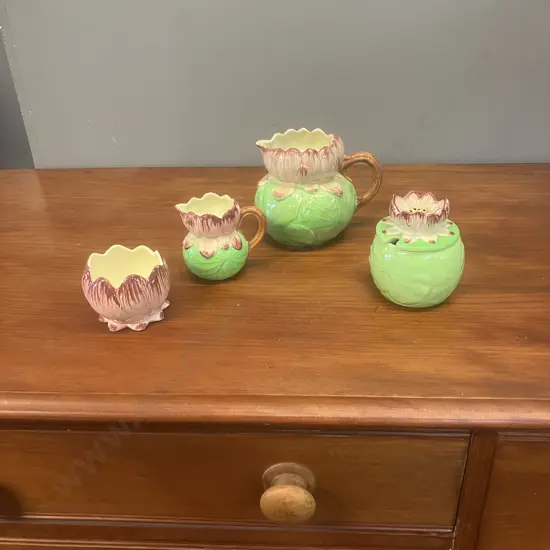 Shorter & Son (England) Water Lily Creamers, Sugar Bowl & Lidded Preserve Pot  c1930s