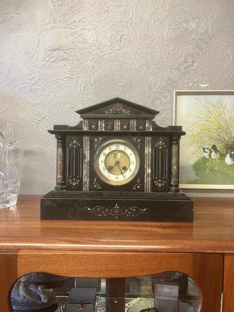 Antique 19th Century French Japy Freres Black Slate Mantel Clock. Paris Medaille d’Honneur. With Pendulum, No Key Image 1++