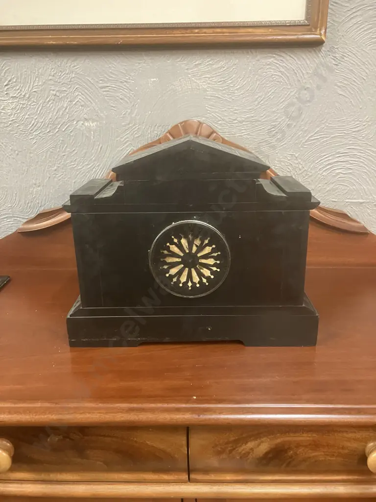 Antique 19th Century French Japy Freres Black Slate Mantel Clock. Paris Medaille d’Honneur. With Pendulum, No Key Image 1++