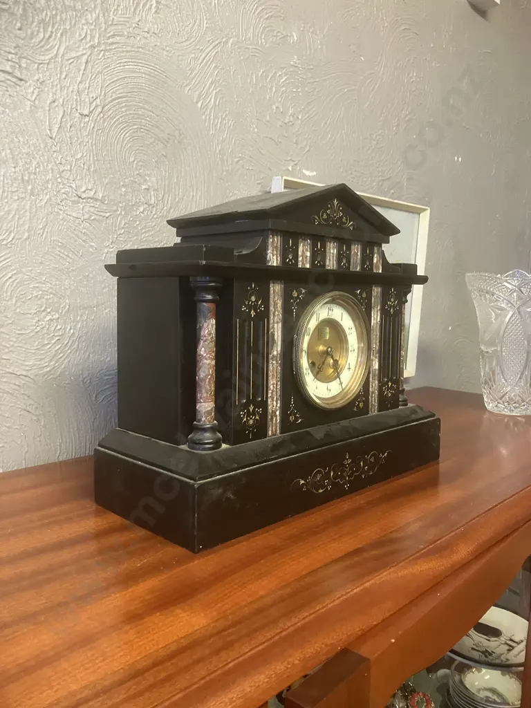 Antique 19th Century French Japy Freres Black Slate Mantel Clock. Paris Medaille d’Honneur. With Pendulum, No Key Image 1++