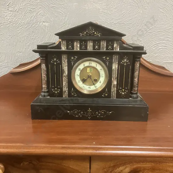 Antique 19th Century French Japy Freres Black Slate Mantel Clock. Paris Medaille d’Honneur. With Pendulum, No Key